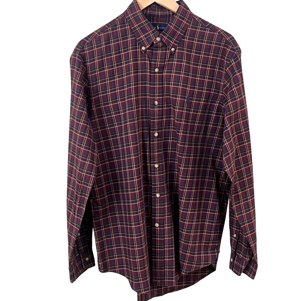 Ralph Lauren Burgundy Black Plaid Long Sleeve Button Down‎ Shirt Blue Pony Large